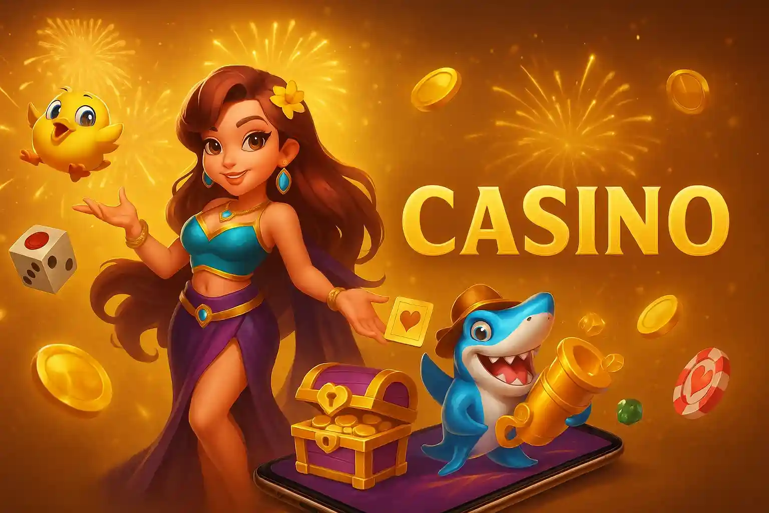 Cartoon casino girl with treasure chest dice and mobile phone game