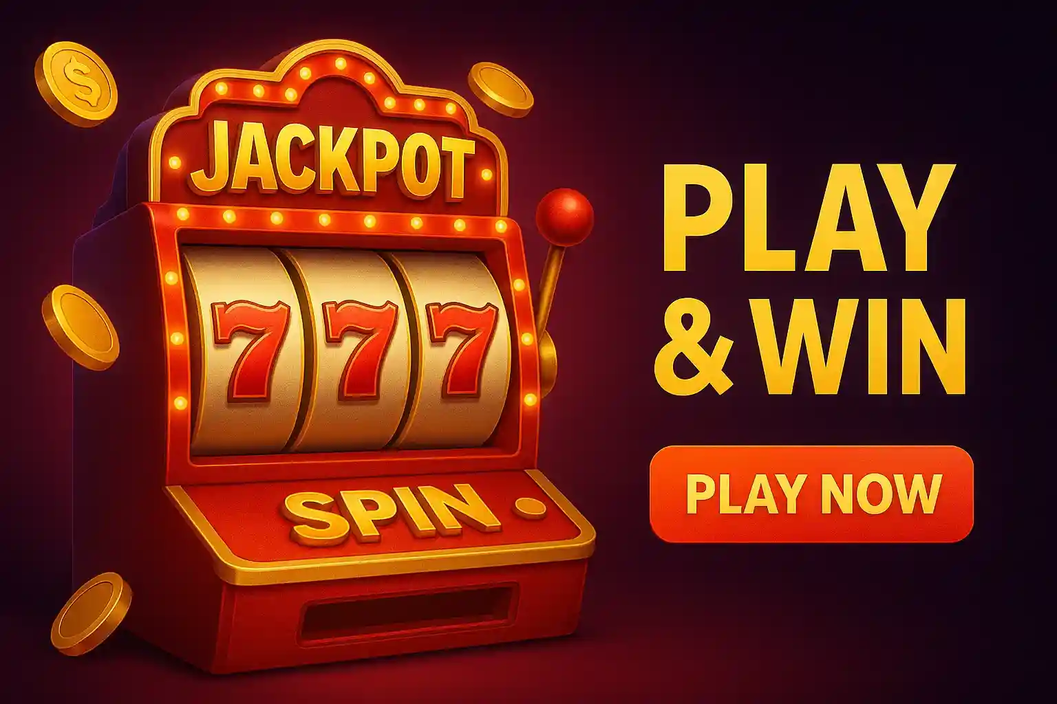 Red jackpot slot machine with triple seven symbols and play now button
