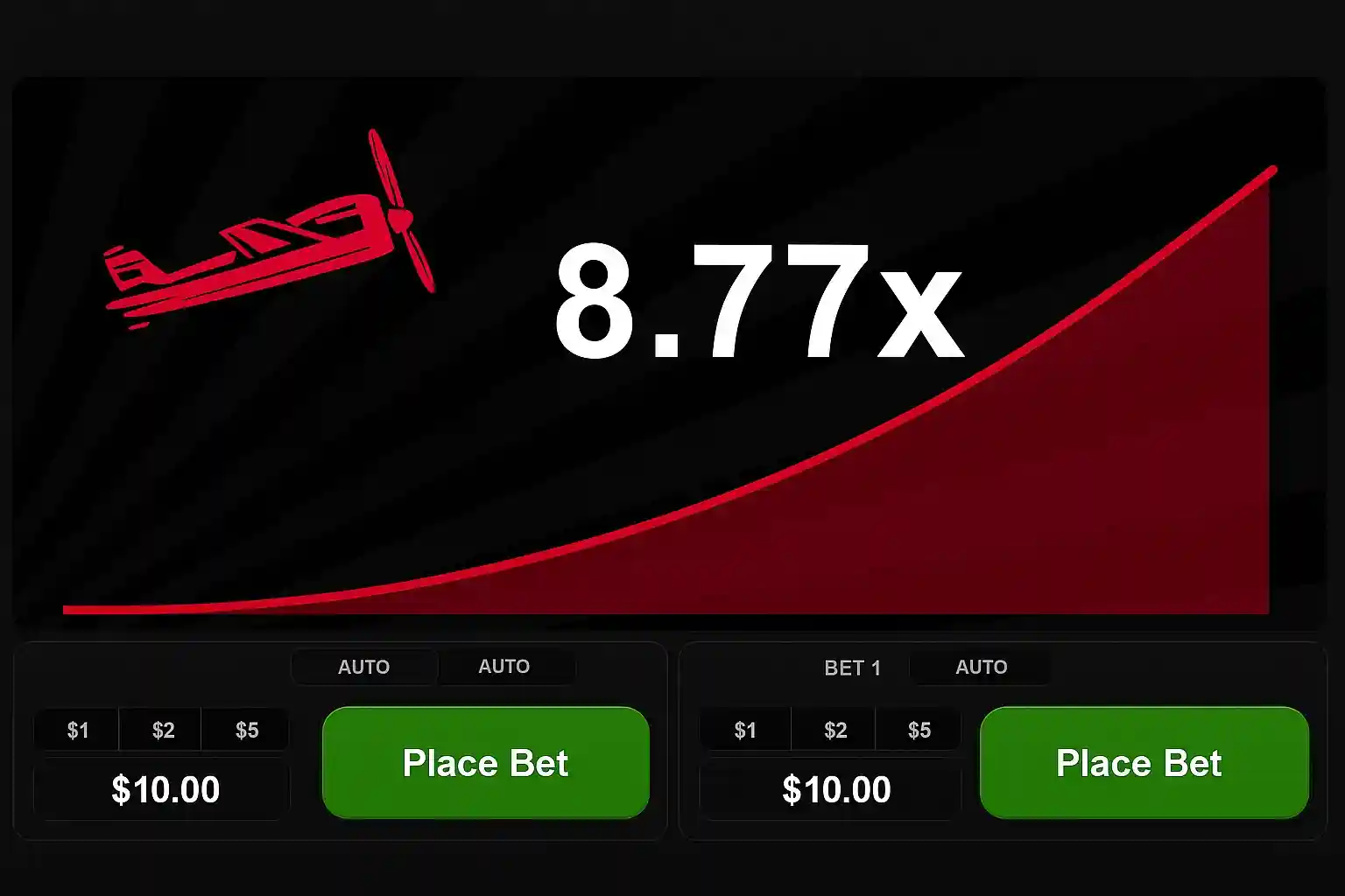 Aviator crash game screen with airplane graph and place bet buttons