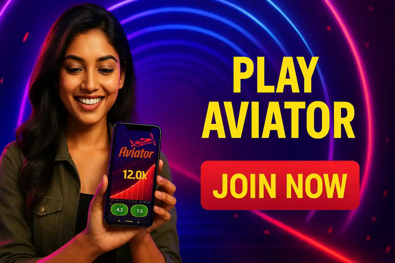 Indian woman holding phone showing Aviator game multiplier on mobile screen