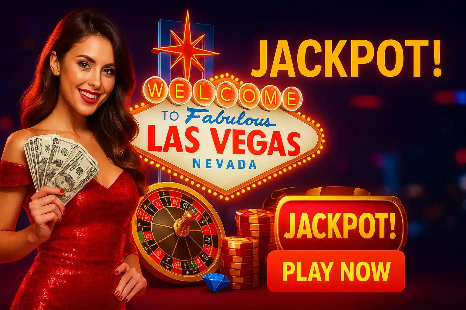 Casino jackpot bonus banner with Las Vegas sign roulette wheel and cash