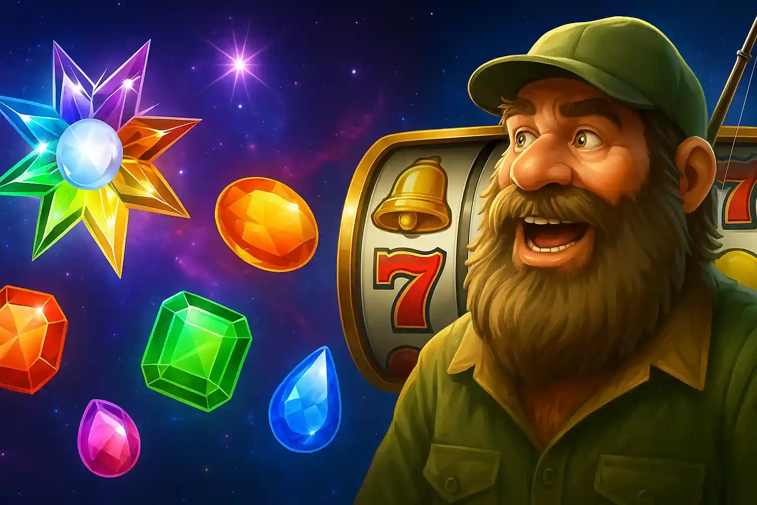 Bearded miner slot game with colorful gems star symbol and lucky seven