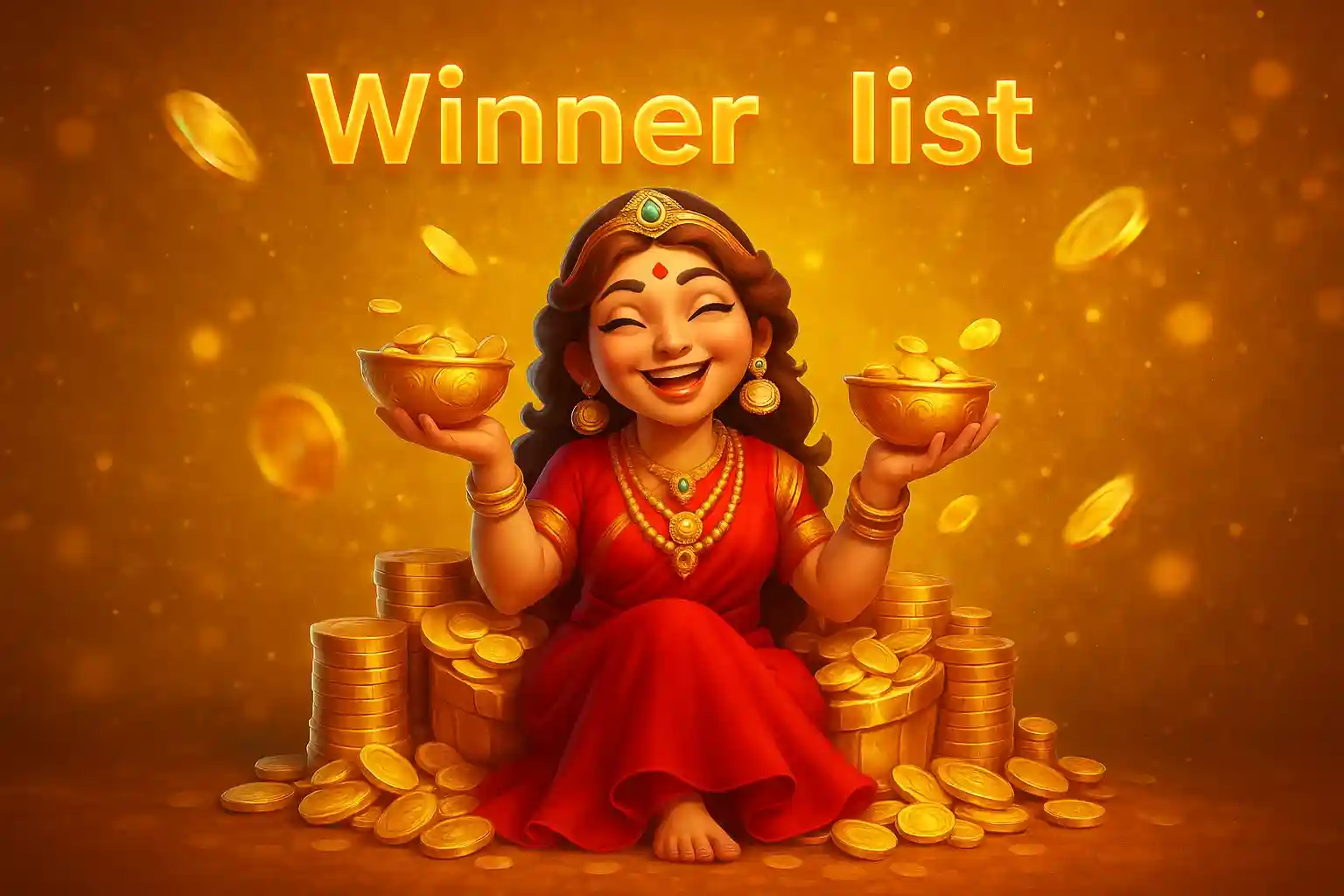 Happy cartoon woman holding gold bowls with winner list coins background