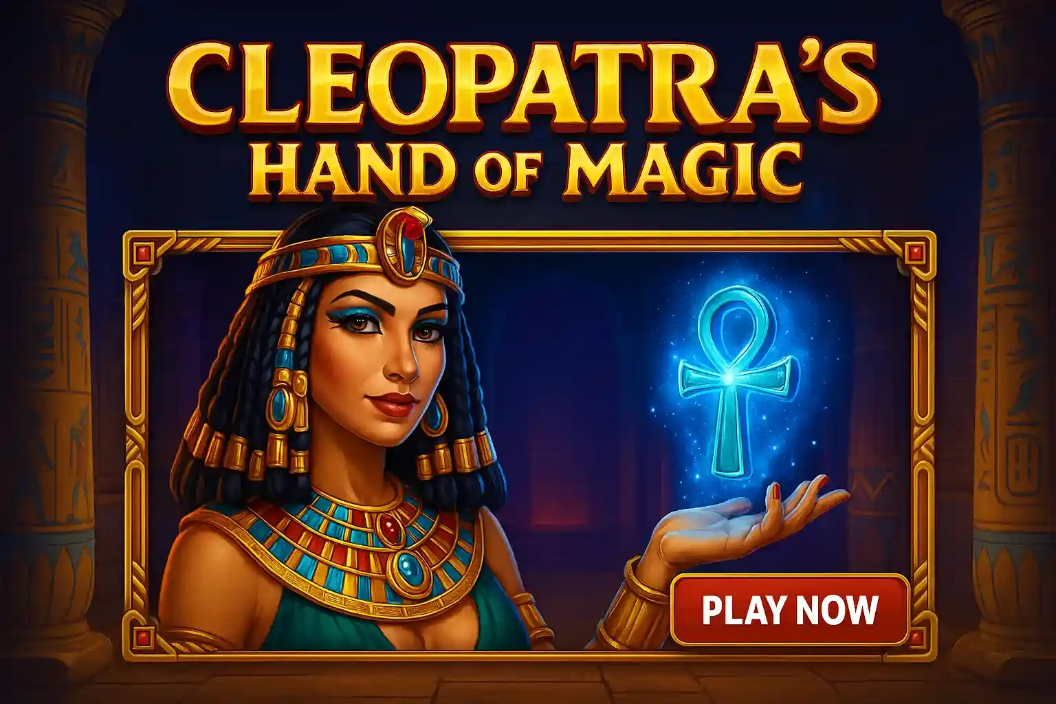 Cleopatra themed online slot game with glowing ankh symbol on casino screen