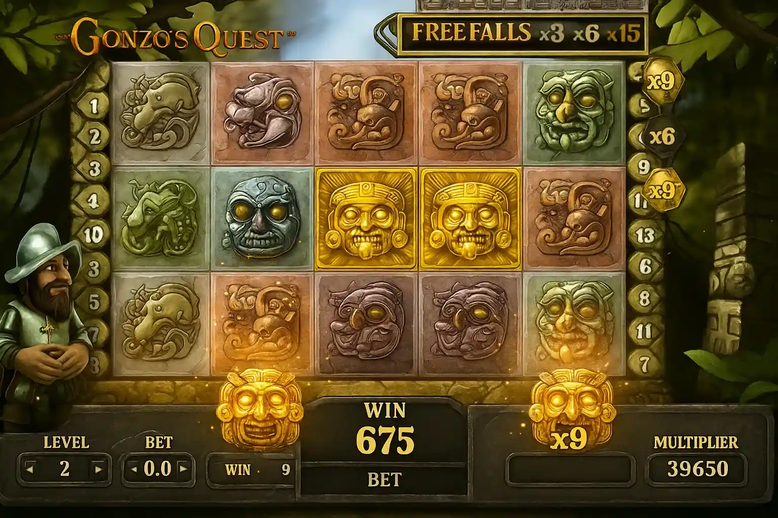 Gonzos Quest adventure slot game with stone symbols and cascading reels