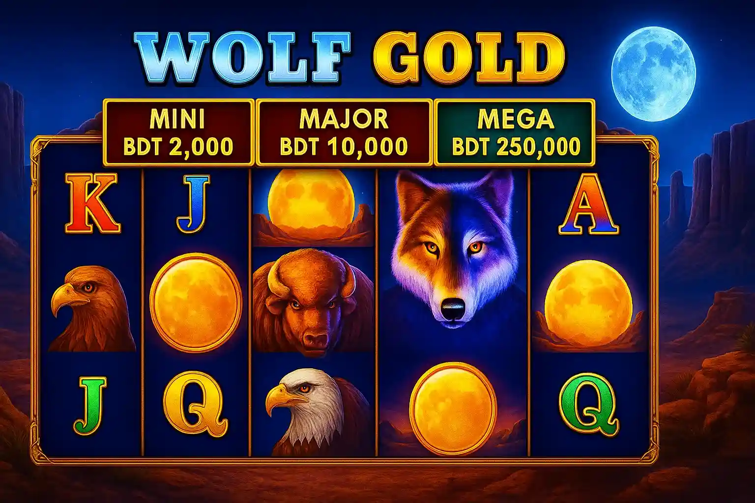 Wolf Gold slot reels with moon symbols animals and jackpot amounts