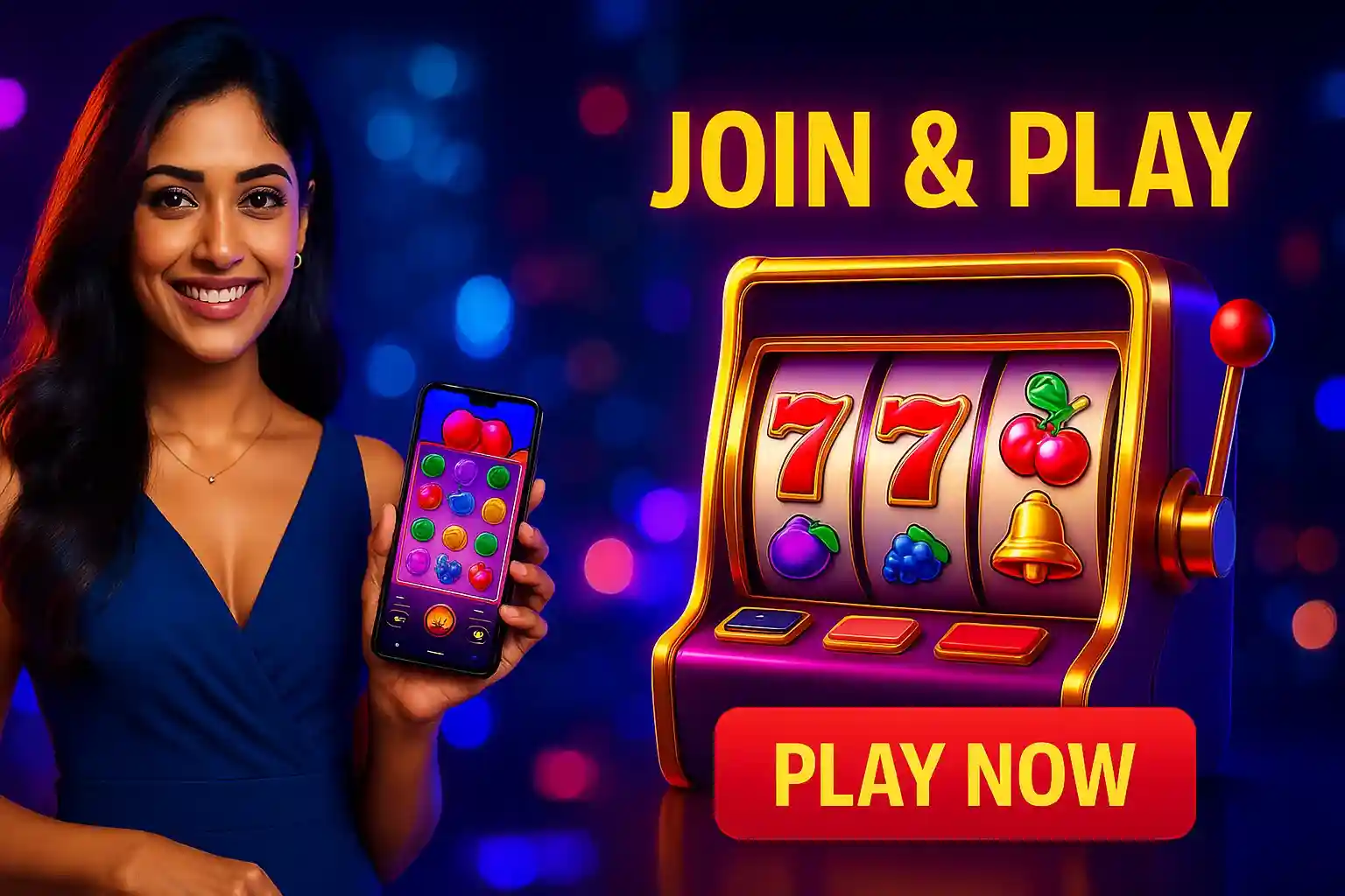 Casino join and play banner with slot machine and mobile game
