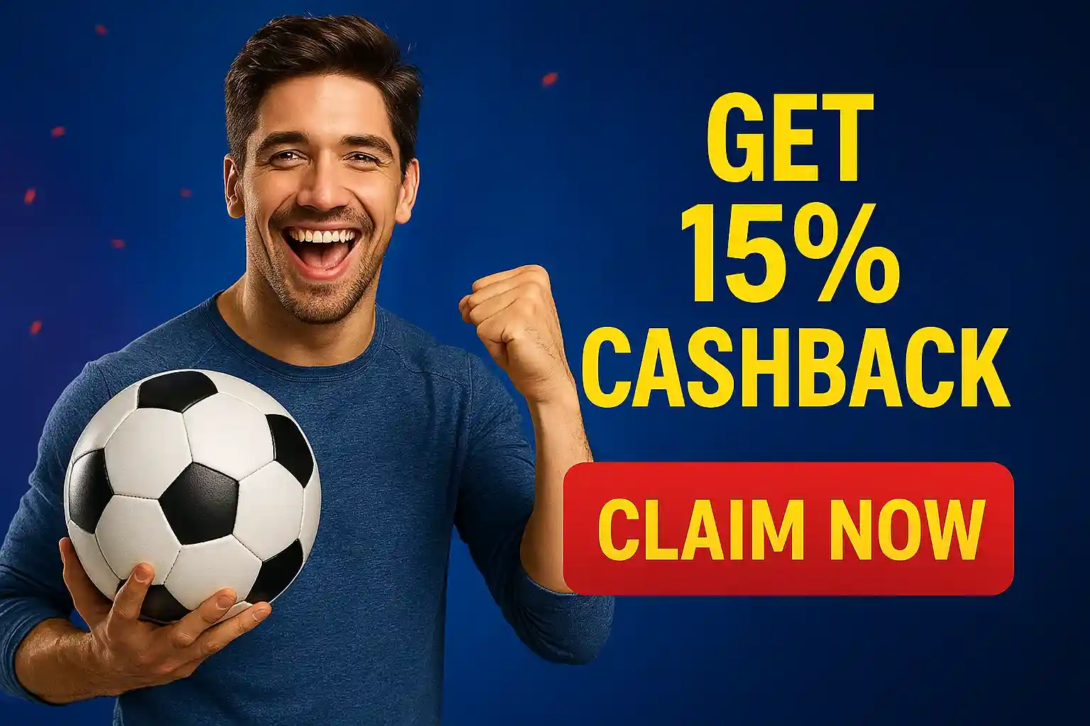 Happy man holding football showing fifteen percent cashback sports bonus