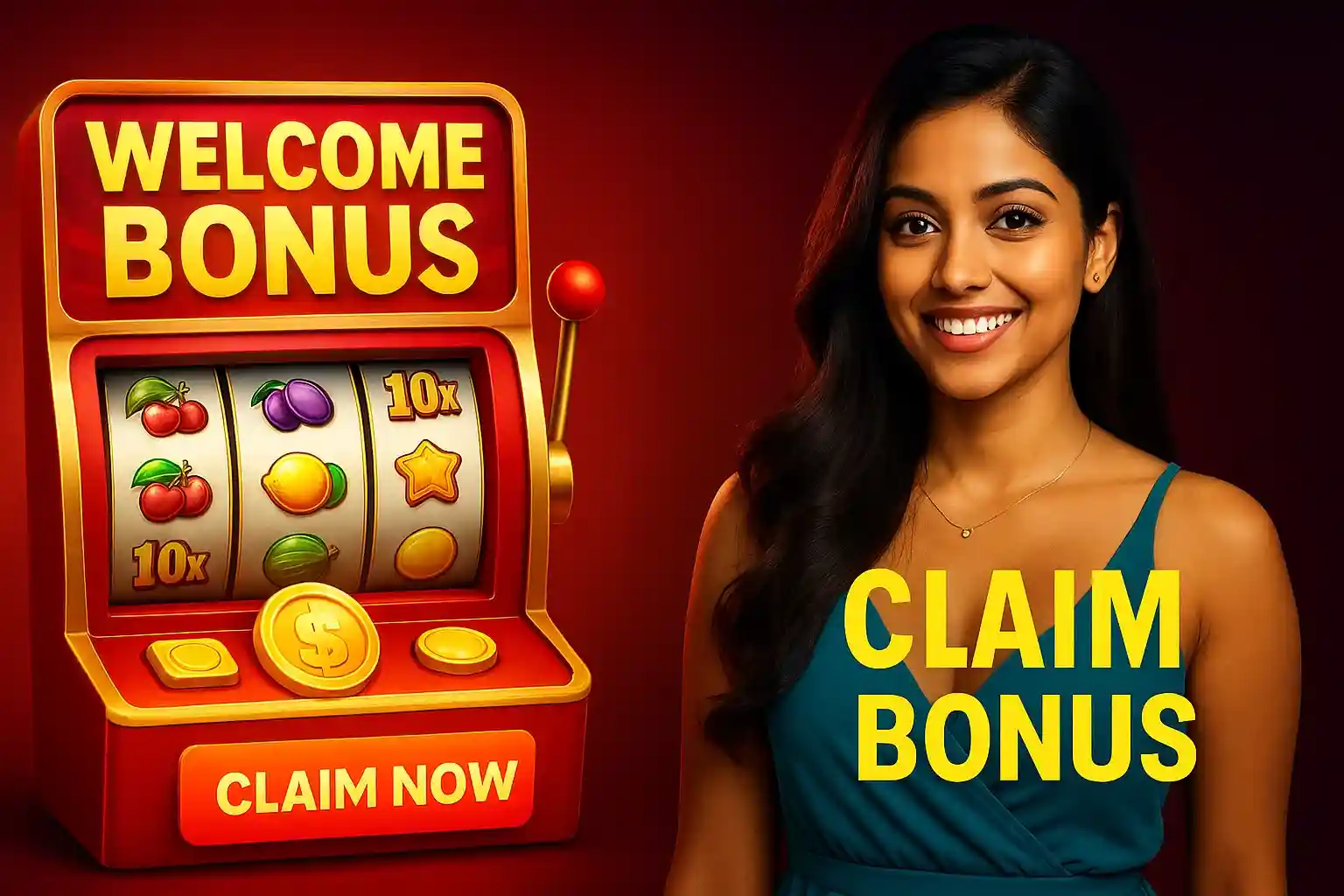 Indian woman promoting welcome bonus slot machine with coins