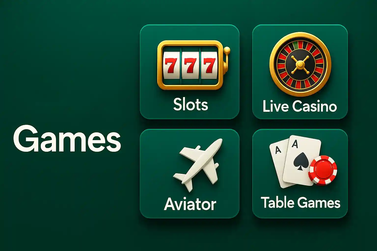 Casino app games menu showing slots live casino aviator and table games icons
