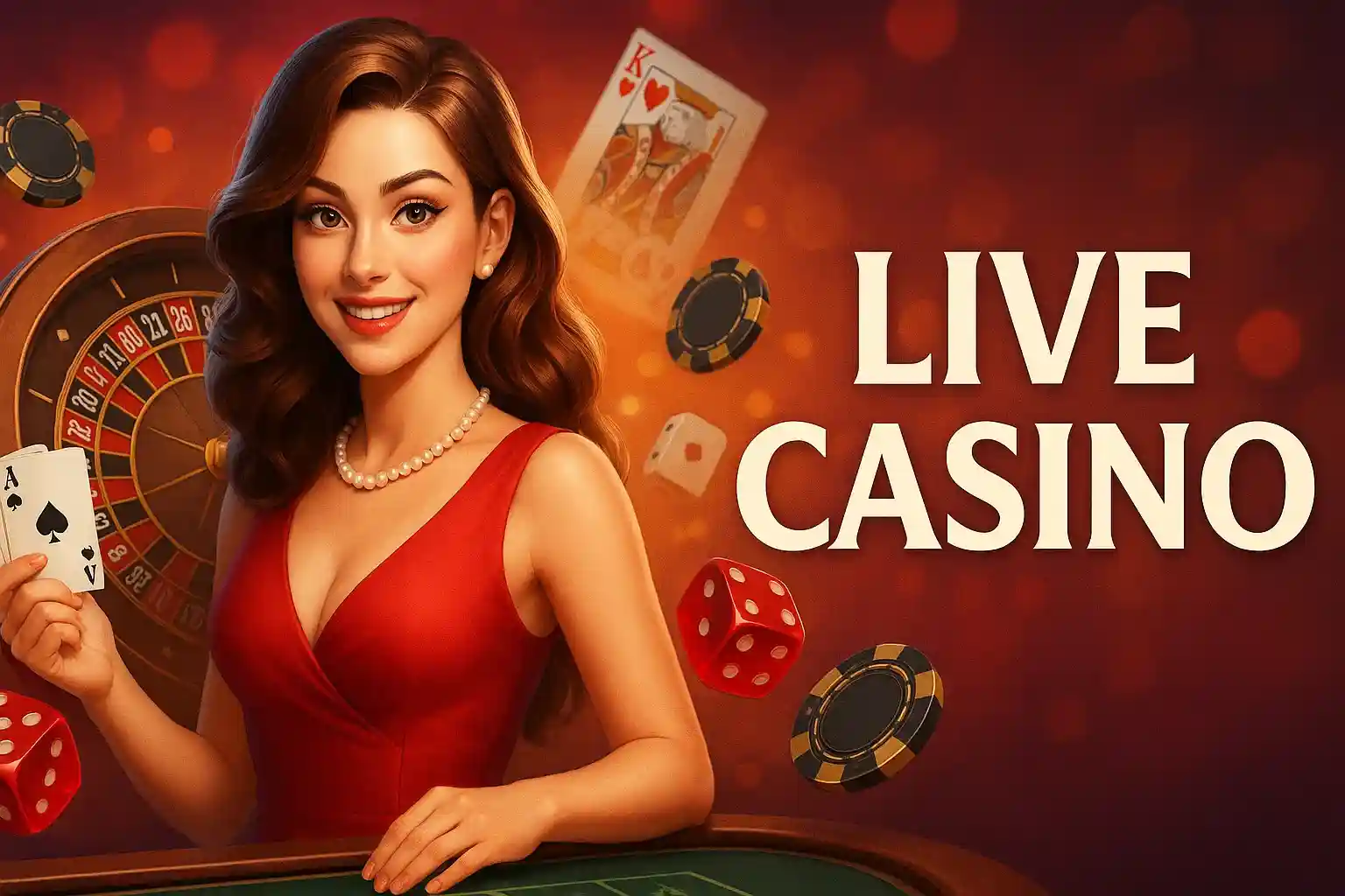 Elegant live casino dealer with roulette cards dice and glowing chips background
