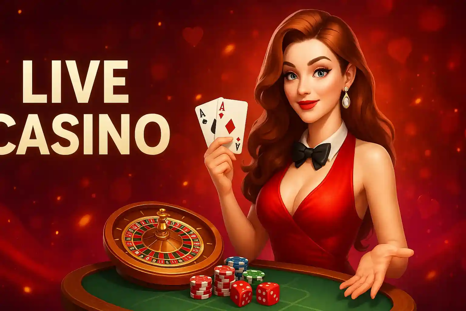 Live casino roulette hostess holding cards with chips and red studio lighting