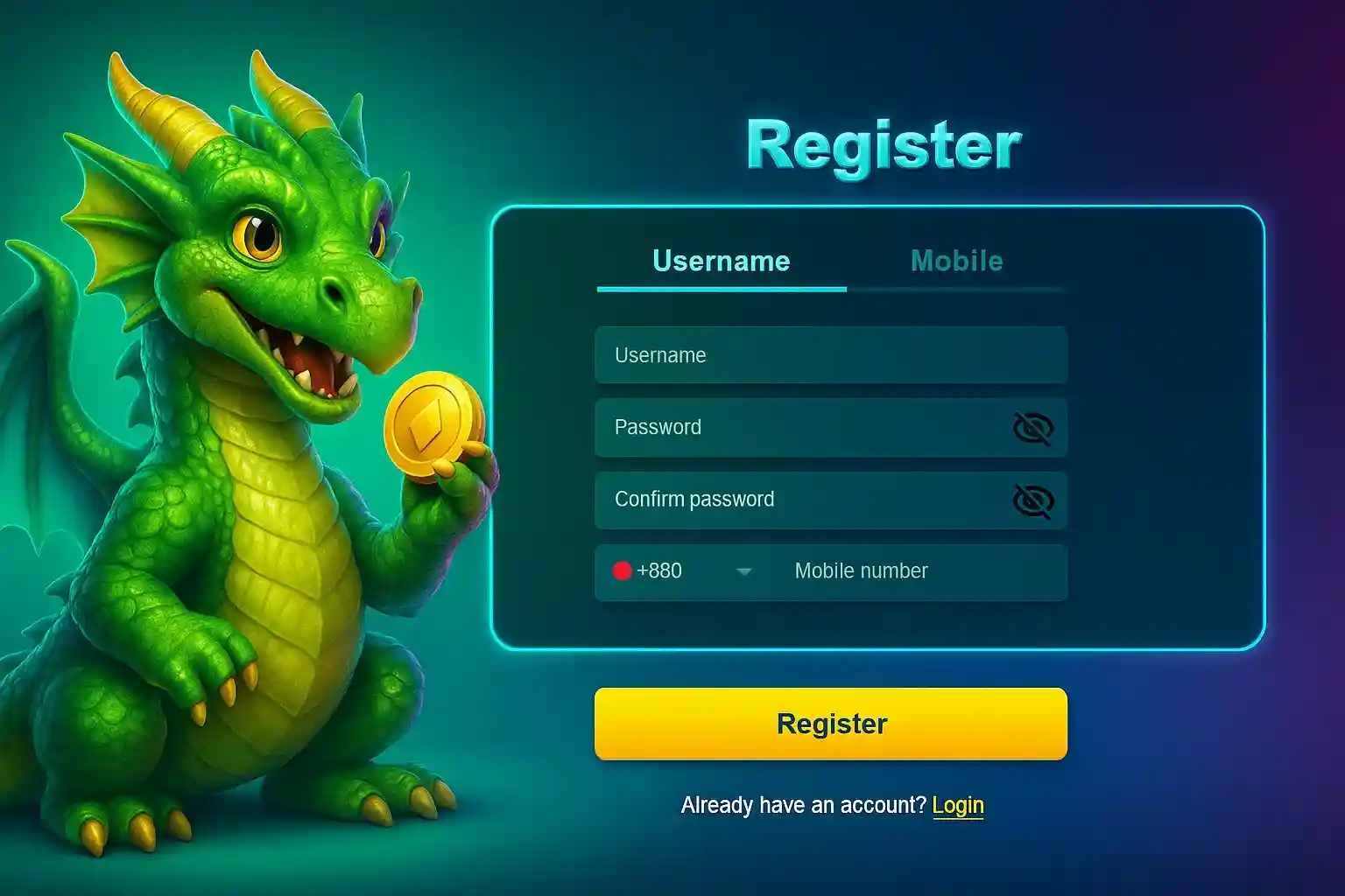 Green dragon beside casino registration form with username and mobile fields