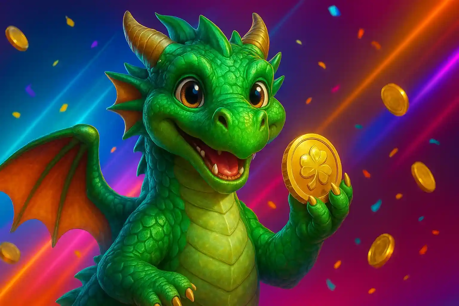 Cute green dragon holding gold coin with colorful casino background