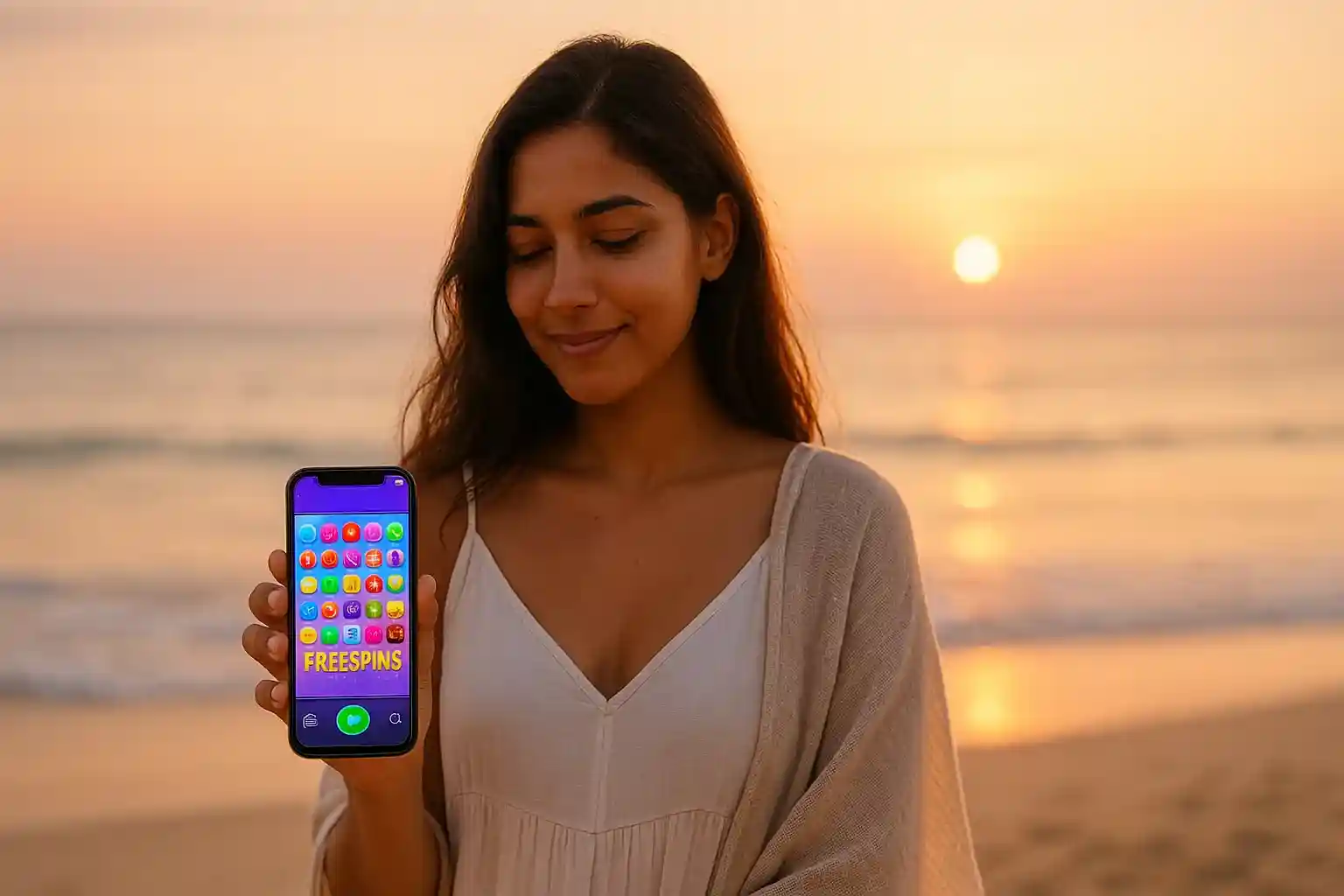 Woman on beach showing mobile casino app with free spins screen