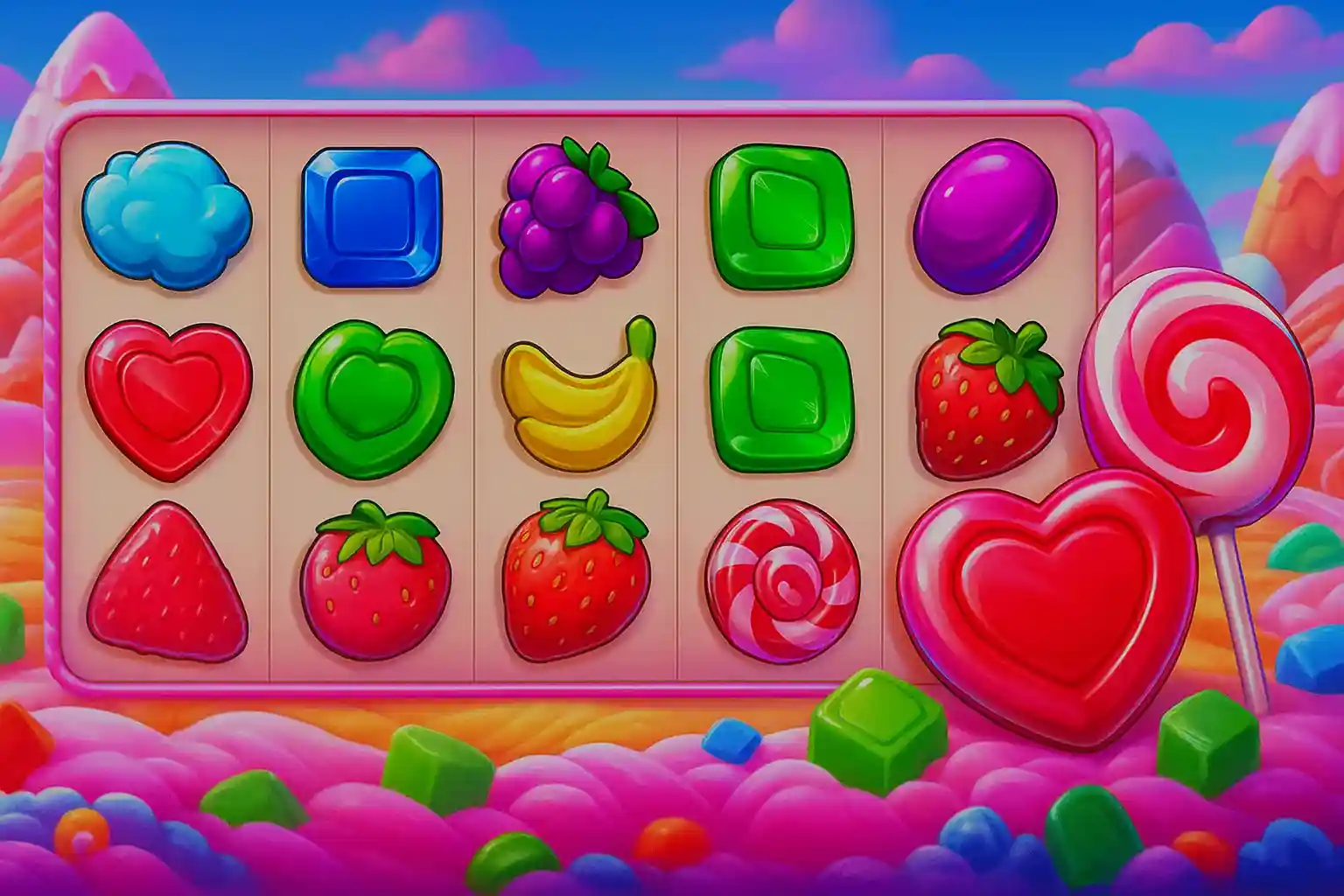 Candy style fruit slot with hearts strawberries bananas and bright symbols