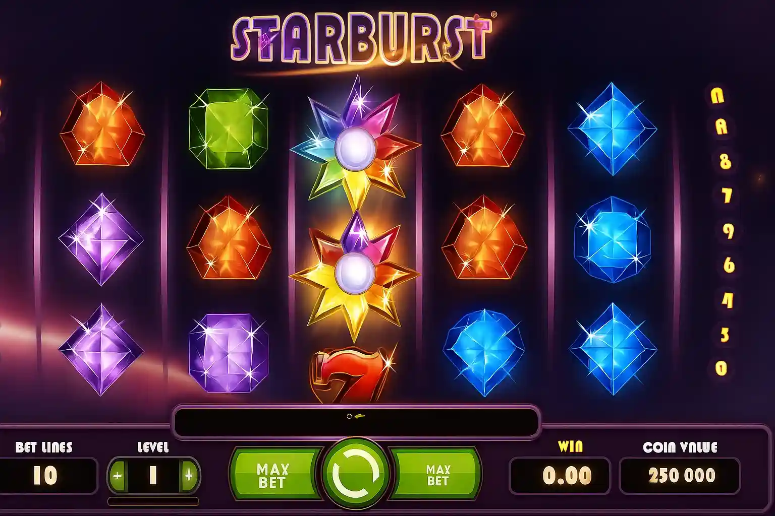 Starburst slot game with colorful gemstones glowing reels and wild stars