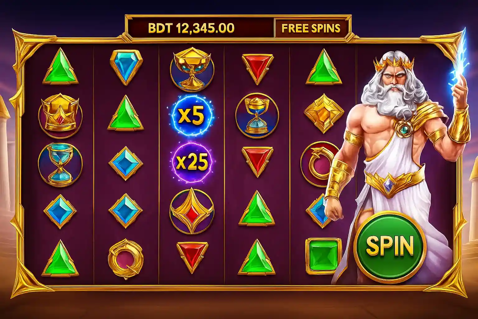 Zeus themed online slot with multipliers lightning effects and spin button