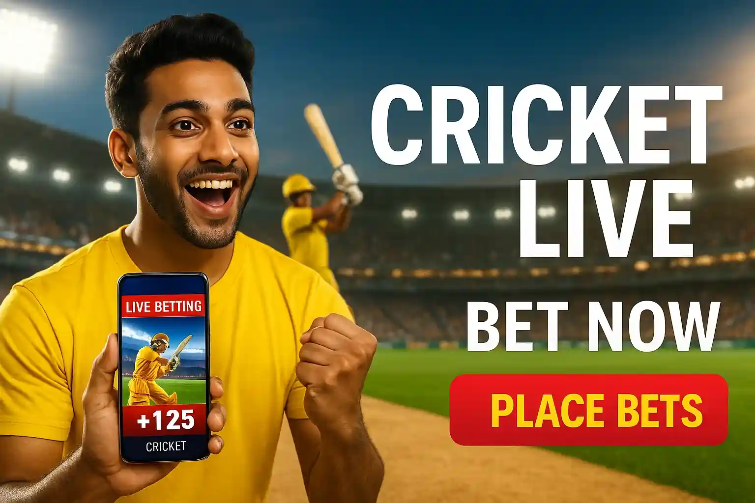 Indian cricket fan holding phone showing live betting odds in stadium