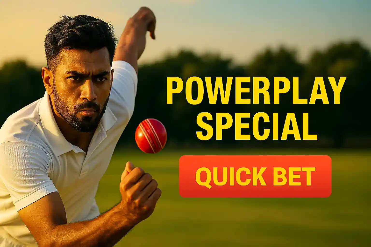 Cricket bowler action shot with powerplay special and quick bet banner