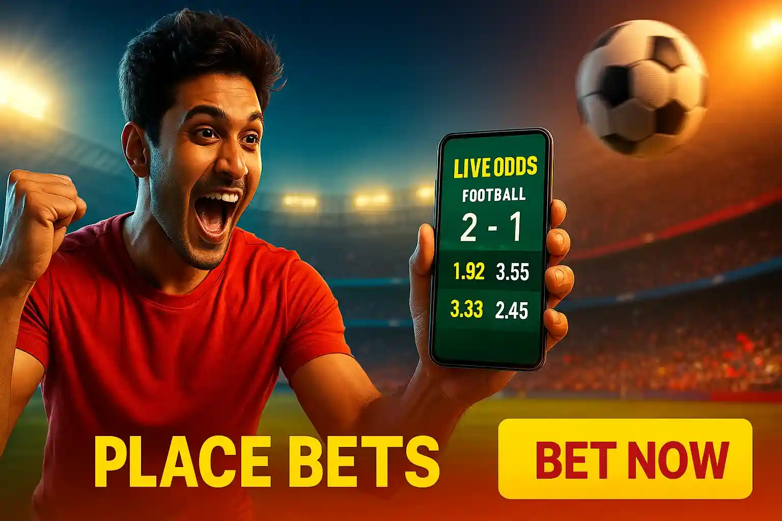 Excited football fan holding phone with live odds and betting buttons